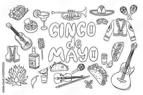 Cinco de Mayo black and white vector doodle illustration with traditional Mexican symbols, including guitars, tacos, maracas, tequila, sombrero, perfect for coloring pages and celebration designs