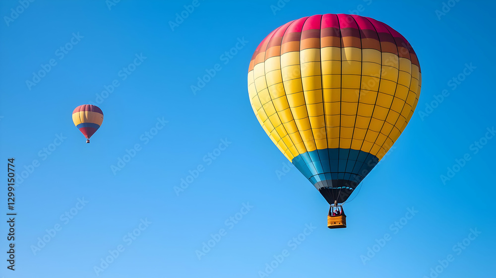 Naklejka premium Two Hot Air Balloons Ascending Against A Bright Blue Sky With Yellow And Red Color