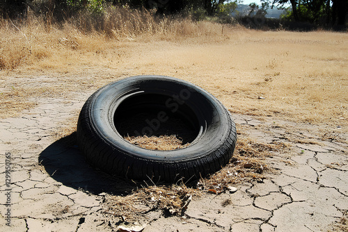 Wallpaper Mural Old tire lying on dry ground in a field, representing drought and environmental concerns Torontodigital.ca