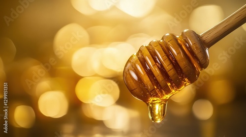 Slow Motion Shot of Honey Dipper Drizzling Golden Honey into Jar