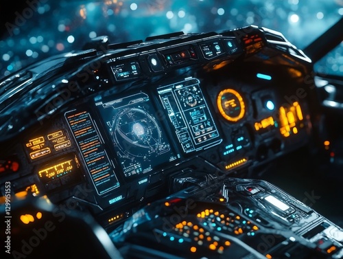 sentient AI spaceship exploring deep space, capturing the intricate interface of its holographic navigation system and dimly lit interior
