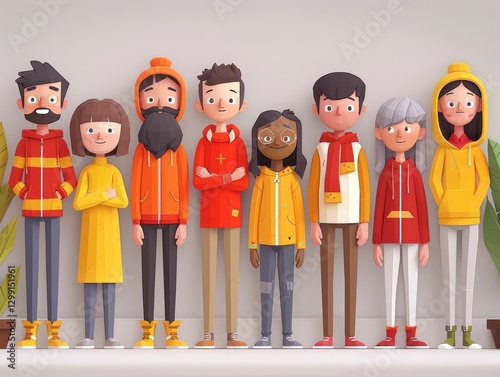 <Diverse Multicultural Characters in Colorful Winter Fashion Illustration | Youthful Group Outdoor Scene>