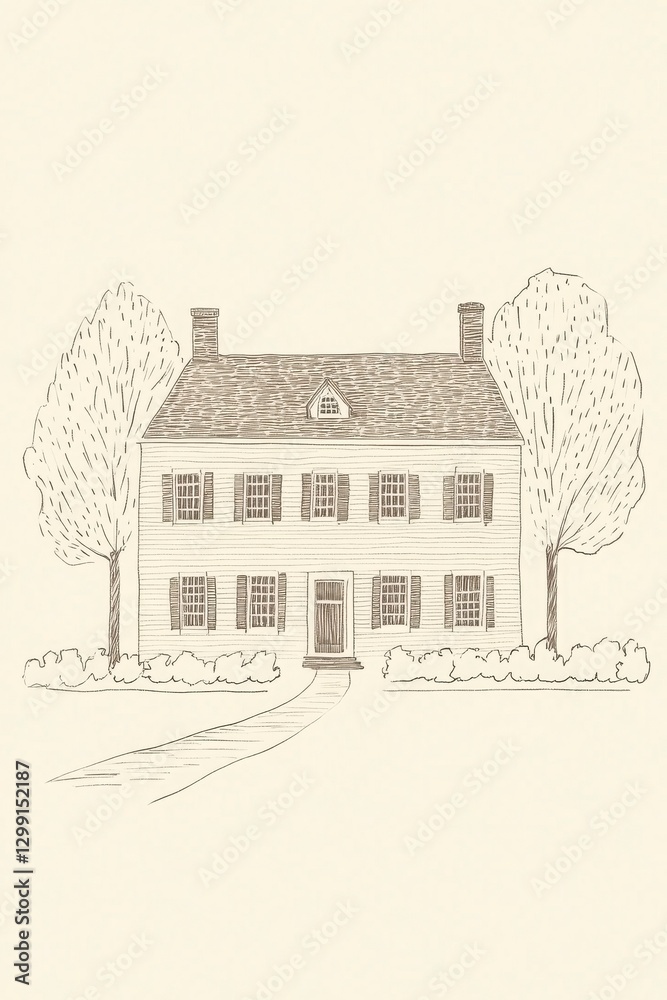 Fototapeta premium Sepia Drawing Of A Two Story House With Trees And Path For Sale Illustration Artwork By Hand Drawn Sketch Design And Architecture. With Windows And Doors Illustration Of Building And Property