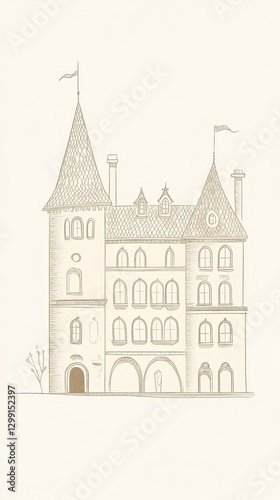 Sepia Drawing of a Vintage Castle Building