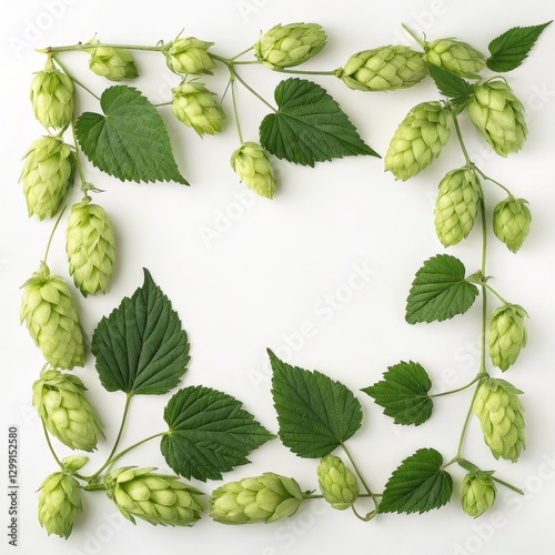 Hops Frame Square Composition of Green Hops and Leaves, Brewing Ingredient, White Background Hops, Brewing