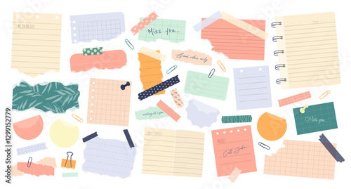 Big set of various torn paper notes, stickers, to do list, notebook, duct and washi tapes, paper clips. Isolated sticky elements and reminders for mood boards, scrapbooking or collages. Vector.