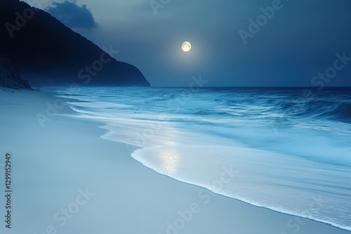 A tranquil beach under the serene moonlight, with gentle waves softly caressing the shore at night.