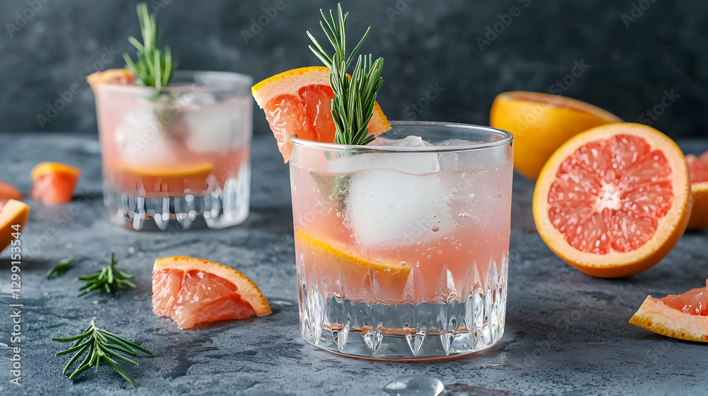 Fototapeta premium Refreshing Grapefruit Cocktail with Rosemary and Ice in Elegant Glasses on Textured Surface