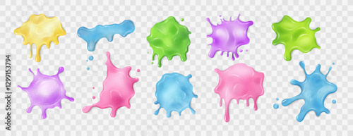 Set of colorful liquid slime blots. Realistic sticky stains with dripping drops. Various shapes of slimy, toxic mucus. Isolated abstract textures. Transparent alien splashes, jelly, gelatin. Vector.