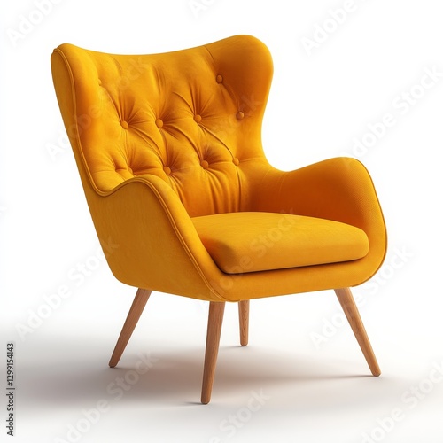 Stylish Mustard Yellow Armchair with Button Tufting and Wood Legs on a White Background