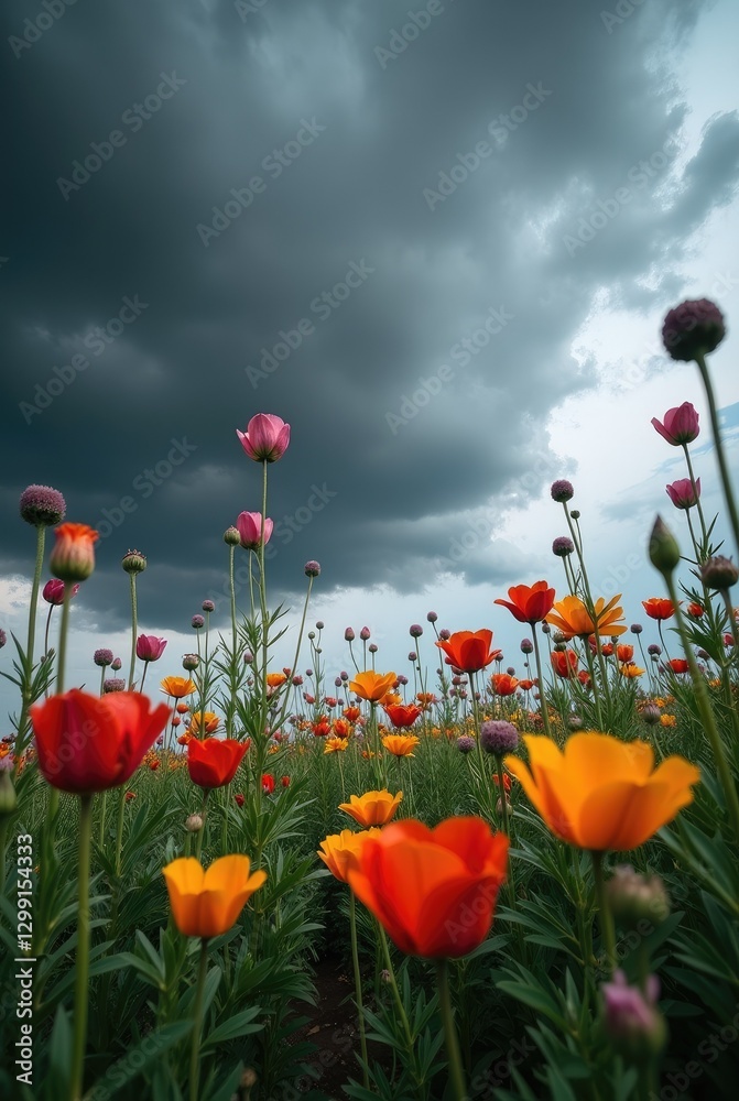 Fototapeta premium Dramatic flower field with vibrant blooms under a moody sky filled with dark clouds