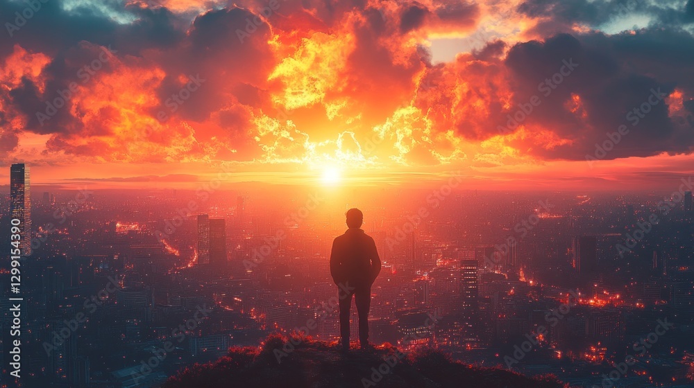 Fototapeta premium Man standing on hilltop overlooking city at dramatic sunset