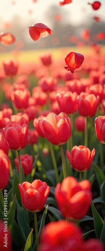 Fototapeta premium Vibrant tulip field with elegant red blooms and floating petals illuminated by soft sunlight