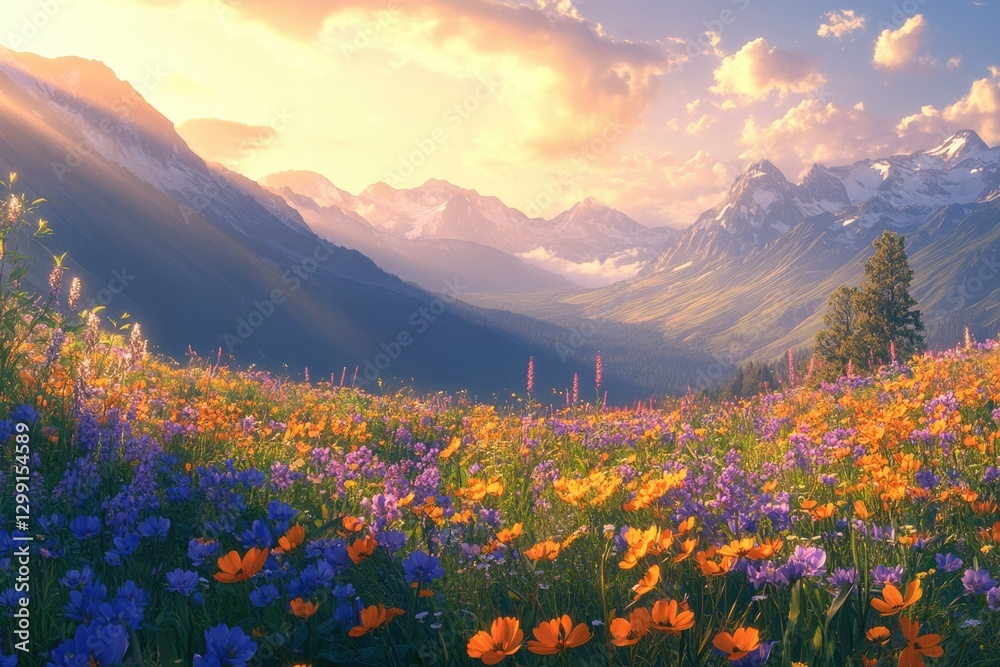 Fototapeta premium Vibrant wildflowers bloom in a picturesque alpine meadow, bathed in the golden light of sunset, with majestic snow-capped mountains in the background.