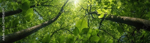 Aerial view showcasing a lush group of trees, their vibrant green leaves forming a dense canopy. Sunlight filters through, creating a beautiful interplay of light and shadow.