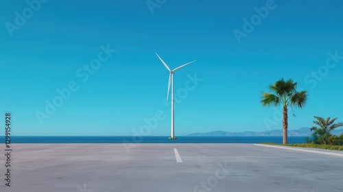 Coastal highway, wind turbine, palm trees, clear sky