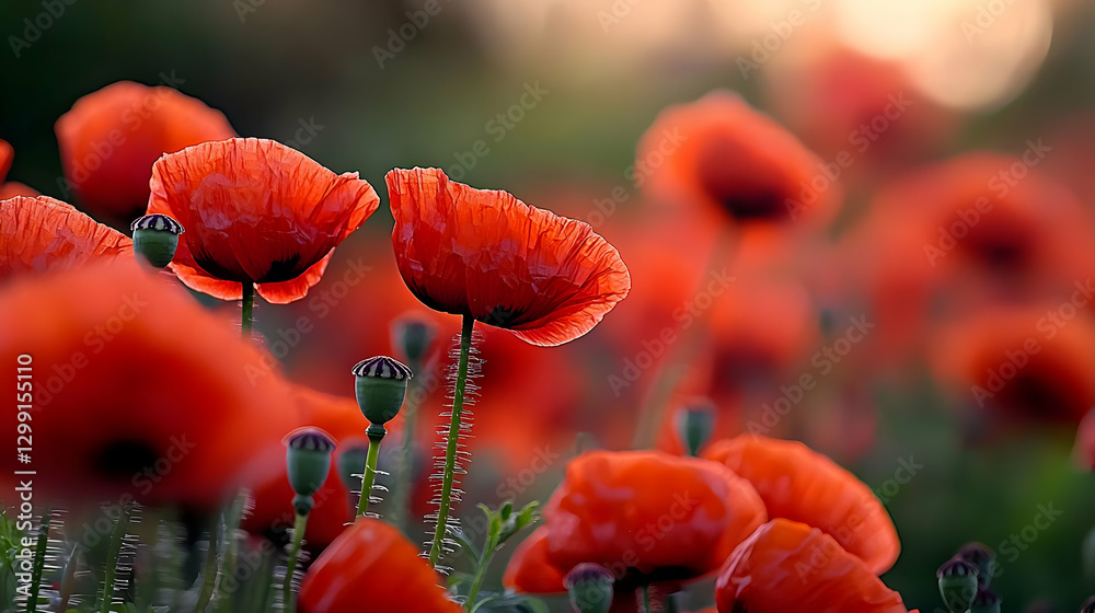 Obraz premium Close Up Of Vibrant Red Poppies Blooming In A Green Field During Golden Hour