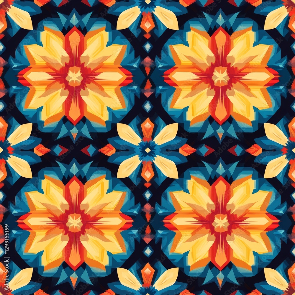 Fototapeta premium Seamless Pattern - Geometric floral pattern with vibrant colors, reminiscent of tile designs.