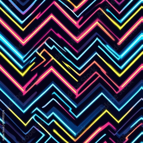 Wallpaper Mural Seamless Pattern - Vibrant abstract zig-zag pattern with neon-like colors on a dark background. Torontodigital.ca