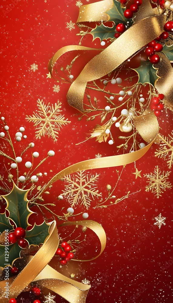 Fototapeta premium Festive Christmas background featuring decorative elements with holly and ribbons