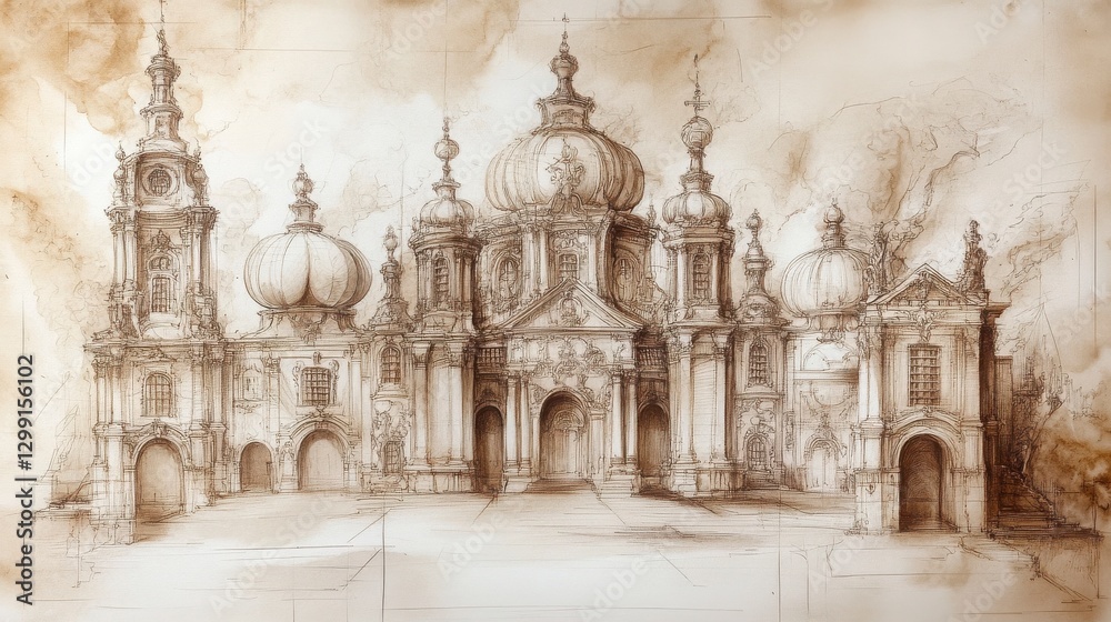 Obraz premium Sepia Drawing Of Grand Baroque Church Architecture Building Design Illustration Sketch For Sale With Details and Ornate Façade Entry Ways and Windows In Symmetrical Architecture Sketch Style With
