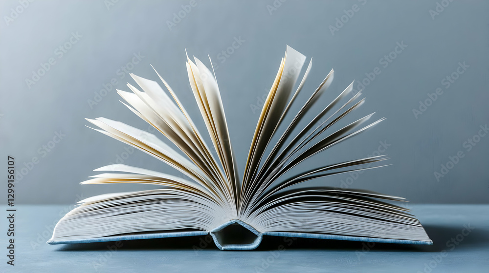 Naklejka premium Open Book on Grey Surface with White Pages Illuminated by Soft Light