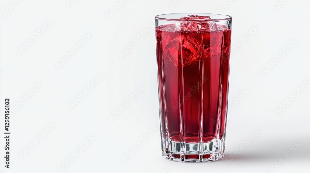 Red drink with ice in glass on white background Red drink with ice in glass on white background