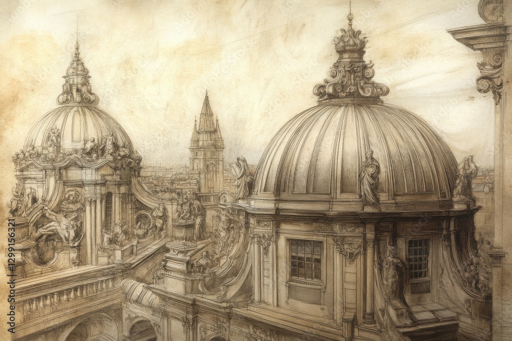 Sepia Drawing Of Historic City Architecture With Domes Sepia Drawing Of Historic City Architecture With Domes