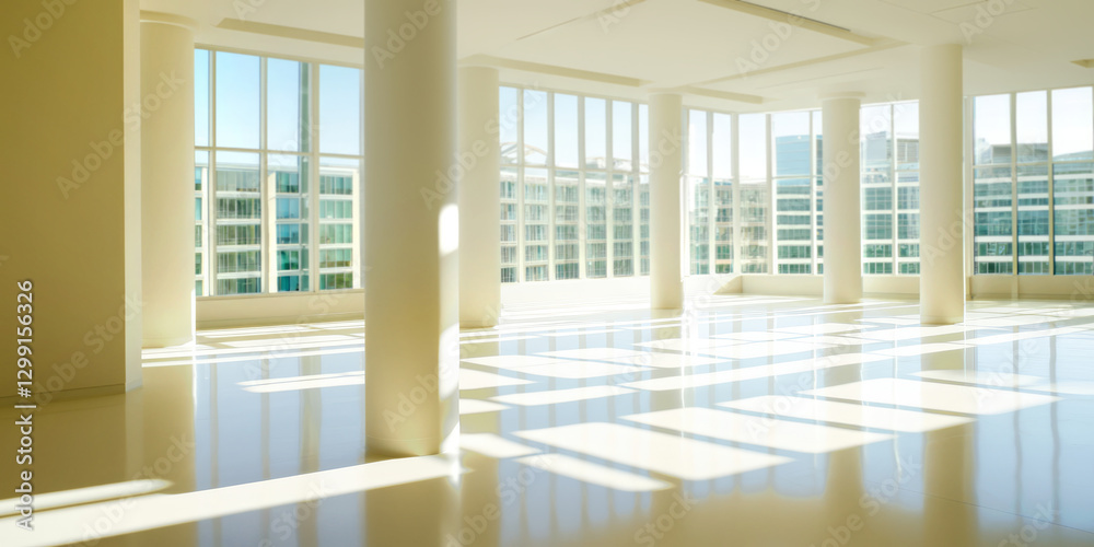 Fototapeta premium Bright, open interior space with floor-to-ceiling windows, white columns, and sunlight casting geometric shadows.