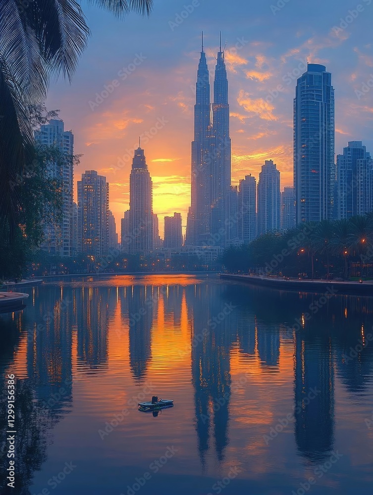Obraz premium Serene sunset over a city skyline with reflections in the water, showcasing urban tranquility