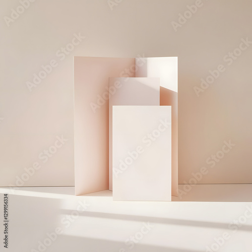 Soft sunlight highlights a serene arrangement of layered white paper on a beige surface. The minimalist design creates a calming and harmonious atmosphere