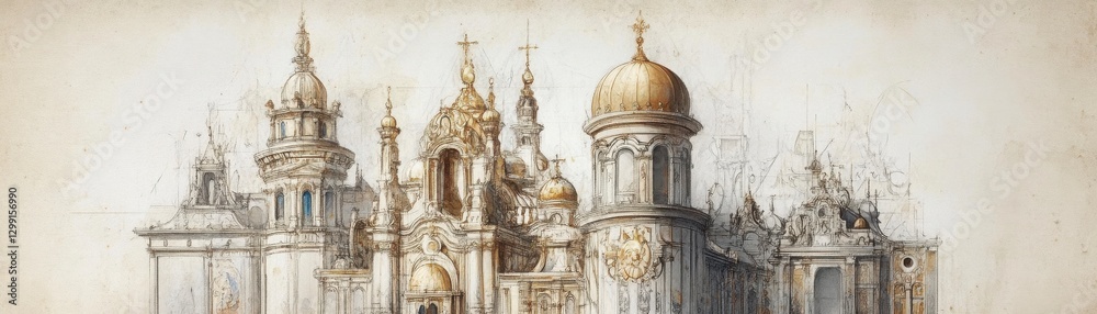 Sepia Drawing Of Ornate Architectural Structure With Golden Domes And Towers And Towers And Towers And Spires And Religious Buildings Detailing Architectural Structures Of Europe And Russia Or Sepia Drawing Of Ornate Architectural Structure With Golden Domes And Towers And Towers And Towers And Spires And Religious Buildings Detailing Architectural Structures Of Europe And Russia Or