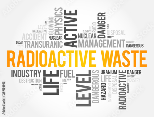 Radioactive Waste refers to materials that are left over from nuclear processes, word cloud concept background