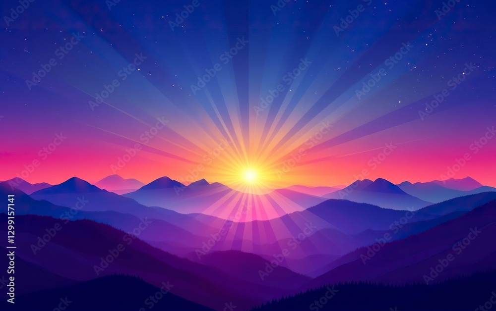 Obraz premium Beautiful sunrise with a beautiful sky background and blurred rays of light. A blue and purple sunset sky with a colorful gradient of the sun's rays in an abstract style.