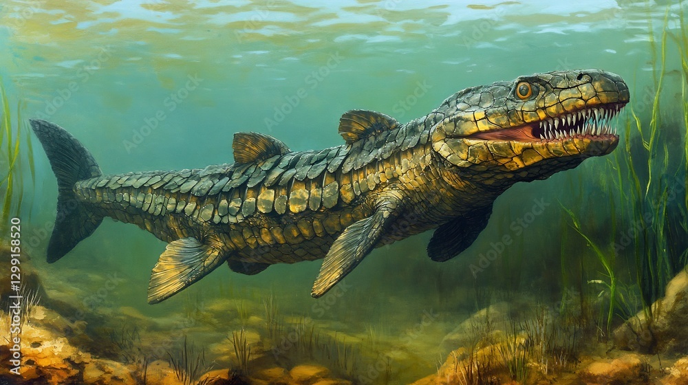Fototapeta premium Prehistoric Gar gliding through still waters its elongated body covered in thick armored scales needle like snout filled with sharp predatory teeth