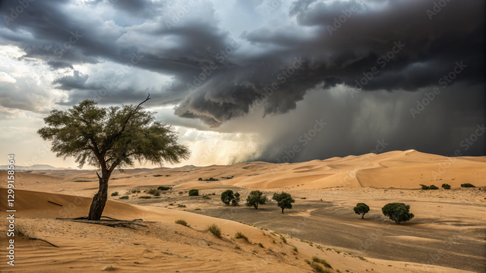 Obraz premium dramatic desert storm rolls in over sandy dunes, with dark clouds looming