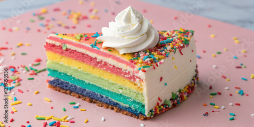 colorful dessert slice with rainbow layers, topped with whipped cream and sprinkles, evokes joy and celebration