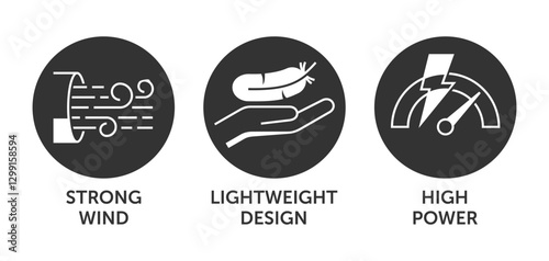 Hair Dryer icons - Strong wind, Lightweight design, High power