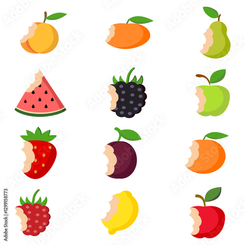  A collection of colorful fruit and berry stickers with bite marks, featuring apples, oranges, strawberries, watermelon, and more, set against a light beige background in a playful and modern design.