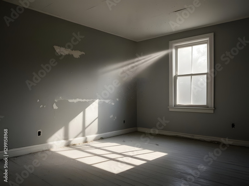 Sunlight streams through a window, casting shadows on the floor of a grey, bare room. Dust motes dance in the beams, highlighting the room's emptiness and stillness in the daytime