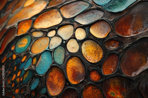 Abstract artwork featuring a mosaic of organically shaped, richly colored stones in warm and cool tones.