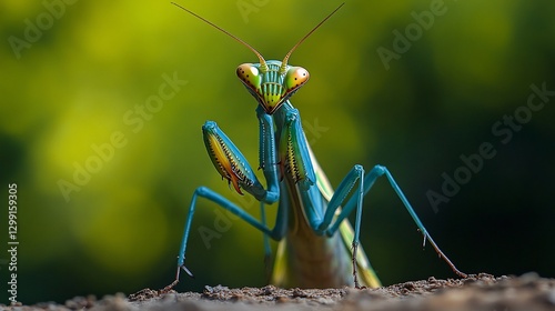 Predatory Praying Mantis standing tall its raptorial forelegs folded in an almost reverent pose triangular head tilting as it locks onto its prey