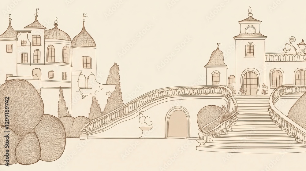 Fototapeta premium Sepia Illustration Of Two Elegant Structures Connected By A Bridge. Historical Drawing. Architectural Sketch. Monochrome Design. Elegant Style. Detailed Illustration. Vintage Style. Classic Style