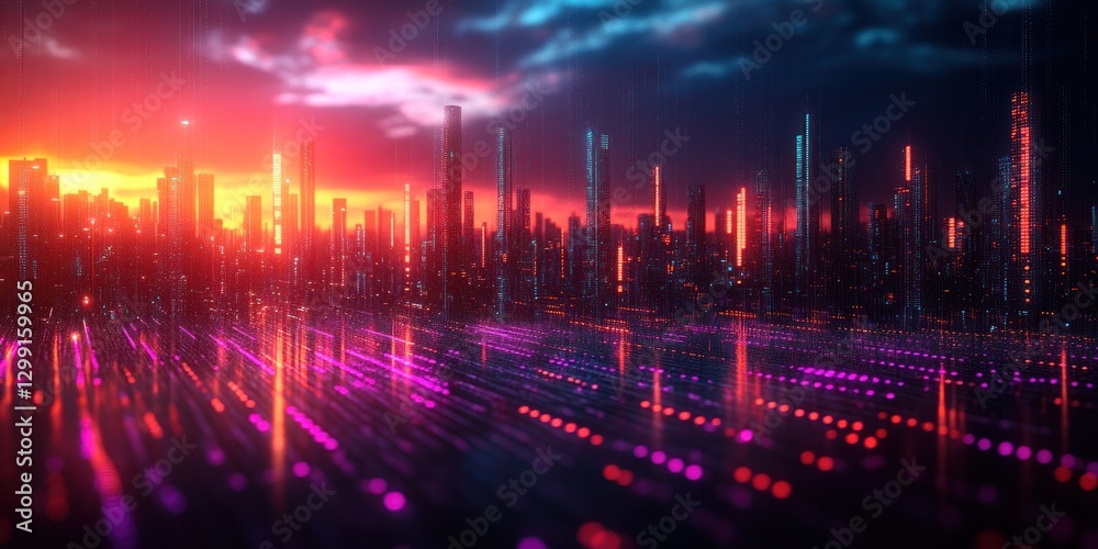 Fototapeta premium Cyberpunk Cityscape at Sunset: A Digital Metropolis