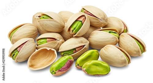 Pile of roasted pistachios with vibrant green nuts peeking out of cracked shells, concept for healthy snacking, gourmet food preparation and culinary ingredient showcase