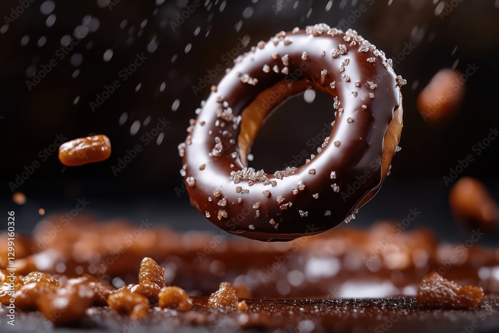 Floating Chocolate Donut with Sprinkles and Nuts: Indulgent Dessert Photography - Gourmet Confectionery Macro Shot Floating Chocolate Donut with Sprinkles and Nuts: Indulgent Dessert Photography - Gourmet Confectionery Macro Shot