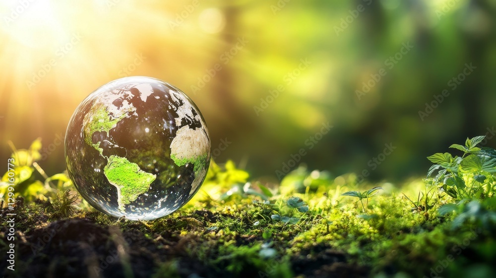 Glowing Earth Globe Surrounded by Lush Greenery Under a Bright Sunlight in Nature Glowing Earth Globe Surrounded by Lush Greenery Under a Bright Sunlight in Nature