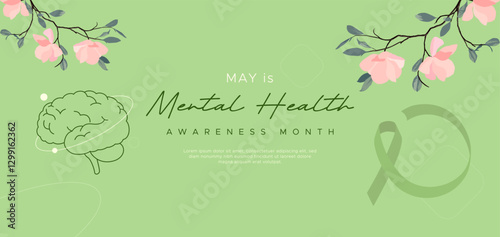 Mental health awareness month, May. Featuring vector elements of brain and ribbons and flowers on mint green background. Take care of your mental health and protect yourself from excessive depression.
