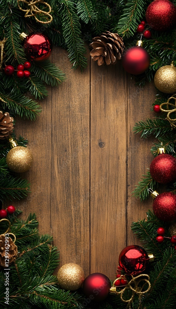 Festive Christmas Decorations Surrounding A Wooden Background Space Festive Christmas Decorations Surrounding A Wooden Background Space