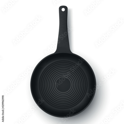 Black metallic frying pan with nonstick coating for cooking food top view realistic vector